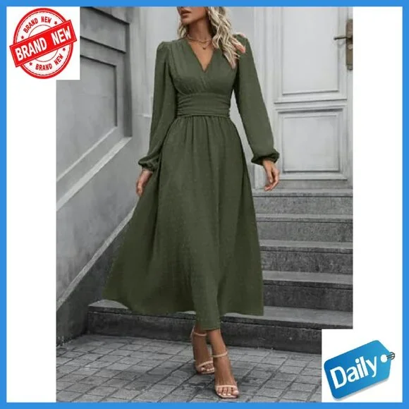 Swiss Dot Maxi Dress V-Neck Long Lantern Sleeves A-Line Flowy - Picture 3 of 8